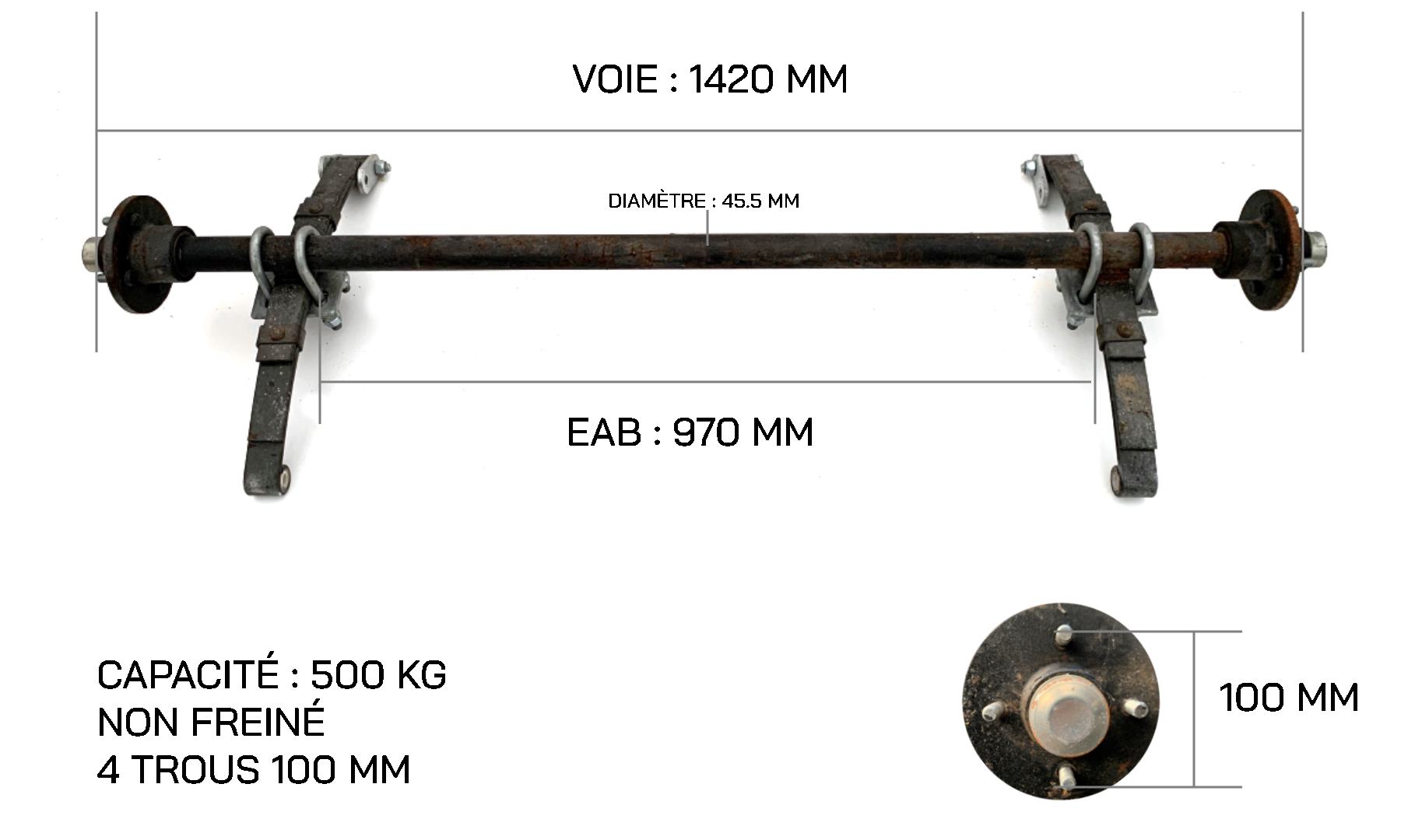 Essieu non freiné PTC 500 Kg 4TR130 EAB 1110